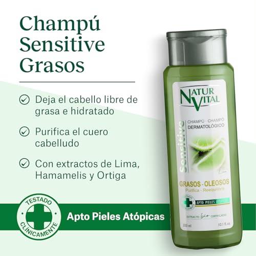 NaturVital - Champú Sensitive Sin Parabenos ni Siliconas para Pelo Graso y Cuero Cabelludo Sensible, Dermatológico para 